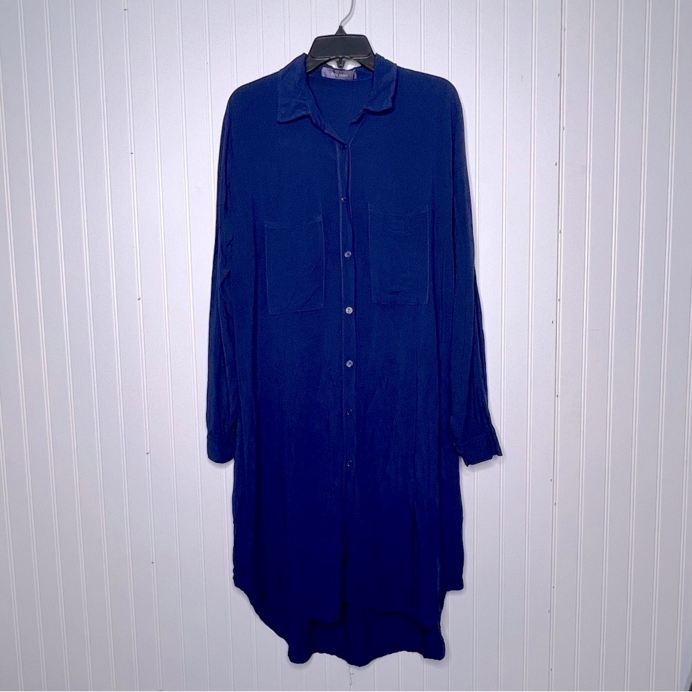 Grey Violet Button Front Cuffed Long Sleeves Midi Shirt Dress Size M/L